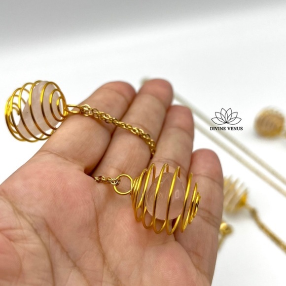 Rose Quartz Necklace | Gold Plated Stainless Steel Chain | Spiral Wired - Picture 9 of 11